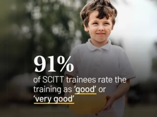 A young boy wearing a white polo shirt smiles outdoors, holding a ball. Overlaid text reads: '91% of SCITT trainees rate the training as ‘good’ or ‘very good’.